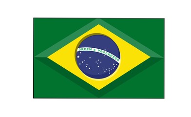 Isolated illustration of the Brazilian flag on a white background, featuring the iconic green field, yellow diamond, blue circle, and white stars with the national motto 'Ordem e Progresso'. 