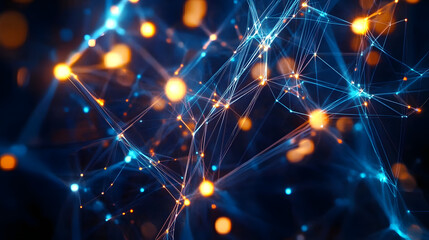 Obraz premium Abstract digital network background with glowing connections and geometric shapes in blue and orange tones, representing technology and communication.