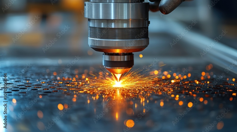 Poster machine operator adjusting settings on a high-tech laser cutter, symbolizing the precision and innov