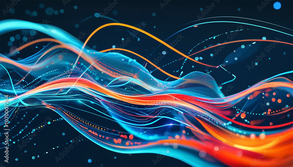 Poster abstract illustration of flowing information represented by cyan blue red and orange lines and dots 