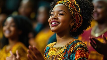 Fototapeta premium A family sings and dances together at a Kwanzaa celebration, wearing African-pattern clothing and smiling happily.