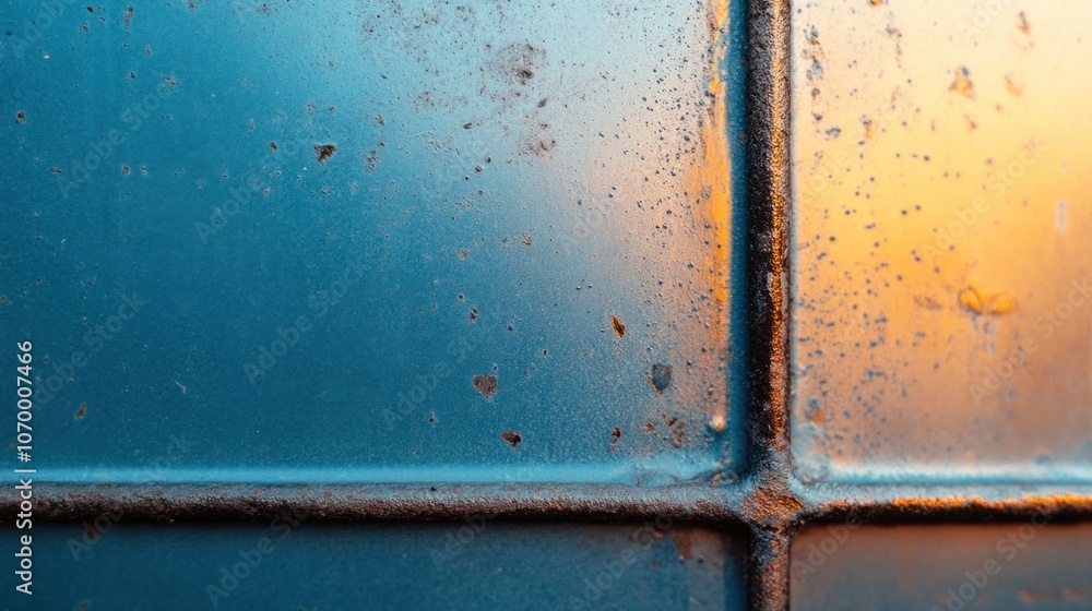 Aufkleber the close-up view shows a weathered windowpane with intricate textures, softly reflecting warm tones