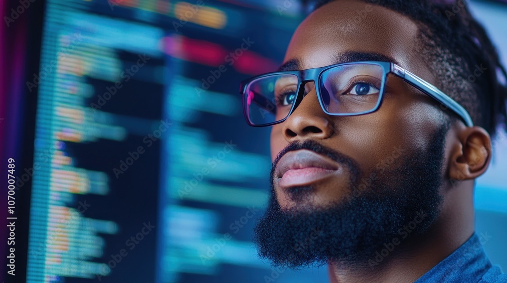 Poster a concentrated tech professional with glasses is deeply engaged in coding, surrounded by vibrant scr