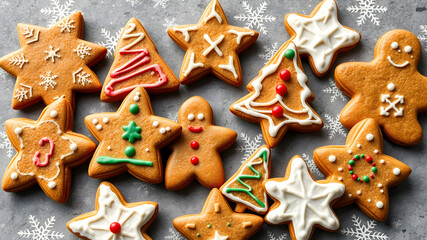 Gingerbread cookies in various Christmas shapes, with festive icing. Generative ai