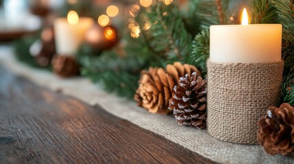 Christmas candle centerpiece glowing on a dining table, representing the warmth and light of holiday traditions