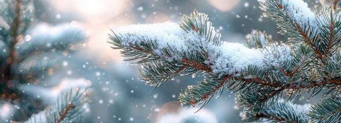Snow-covered pine branches glistening in soft winter light during a snowfall