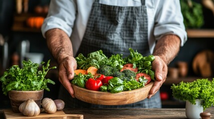 A chef showcases a colorful assortment of freshly harvested vegetables in a rustic wooden bowl, surrounded by vibrant greens in a cozy kitchen setting