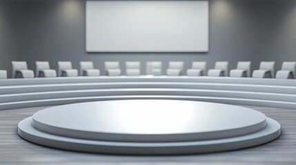 Modern conference room with circular stage and chairs, symbolizing innovation and collaboration.