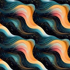 Abstract colorful seamless pattern with waves in black, yellow, orange, red, blue or teal colors, gold lines and glitter. Watercolor abstract art.