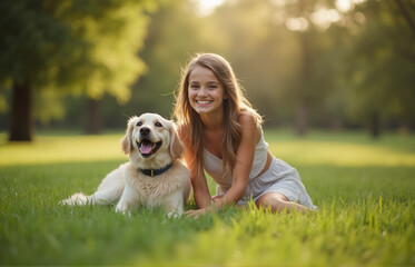 A close up of beautiful girl sitting on lush green grass in a park, smiling as she spends time with her dog