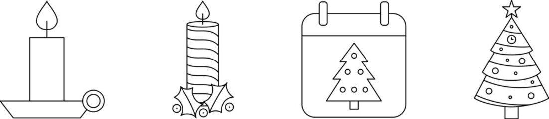 Christmas Thin Line Icon Set. Christmas tree, Candle and Holly berry line icon vector image. New year. Merry Christmas and Happy New Year Drawing decor line icon.