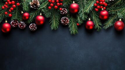 Festive Christmas Decorations With Red Ornaments and Pine Branches Generative AI