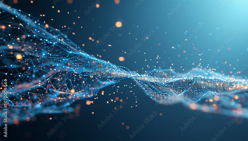 Poster abstract blue background of points. falling cyber particles. big data stream. 3d rendering