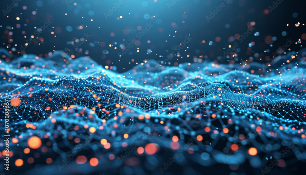 Poster abstract blue background of points. falling cyber particles. big data stream. 3d rendering