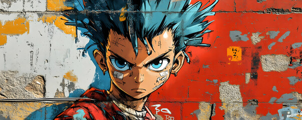 A Detailed Graffiti Illustration of a Spiky-Haired Anime Character with Blue Eyes and a Determined Expression, Painted on a Brick Wall with Red, Yellow, and White Patches of Paint