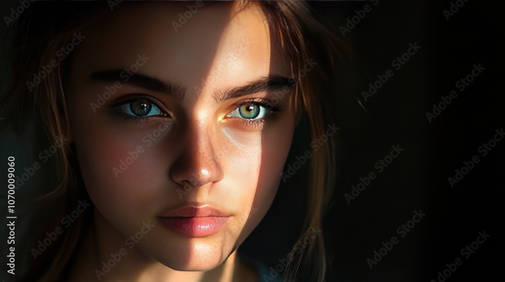 Poster a portrait in split lighting style, using light from the side, creates sharp shadows, clearly dividi