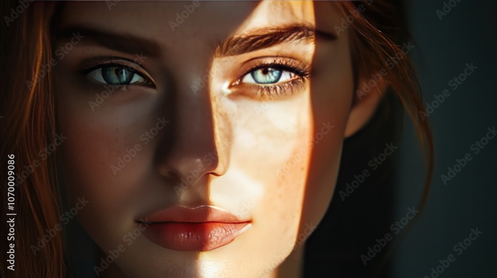Poster a portrait in split lighting style, using light from the side, creates sharp shadows, clearly dividi