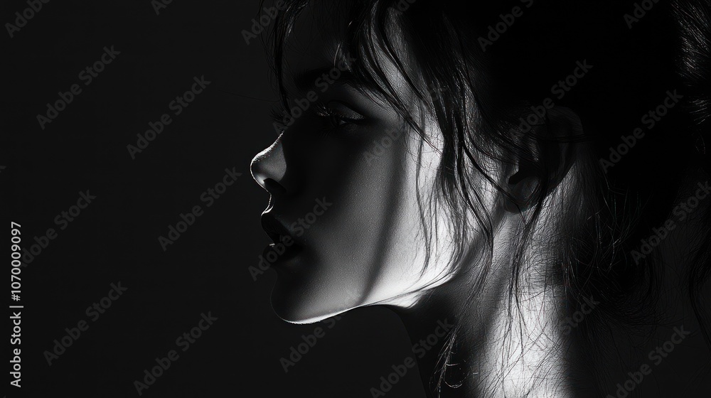 Poster a portrait in split lighting style, using light from the side, creates sharp shadows, clearly dividi