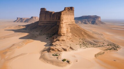 Fototapeta premium Massive sandstone formations rise dramatically from the expansive desert, showcasing natural beauty and geological features while basking in the bright midday sunlight