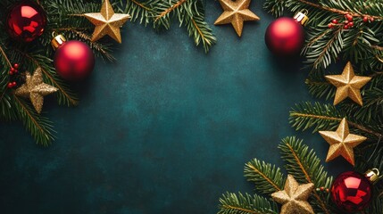 Red Ornaments and Golden Stars on a Dark Background Generative AI