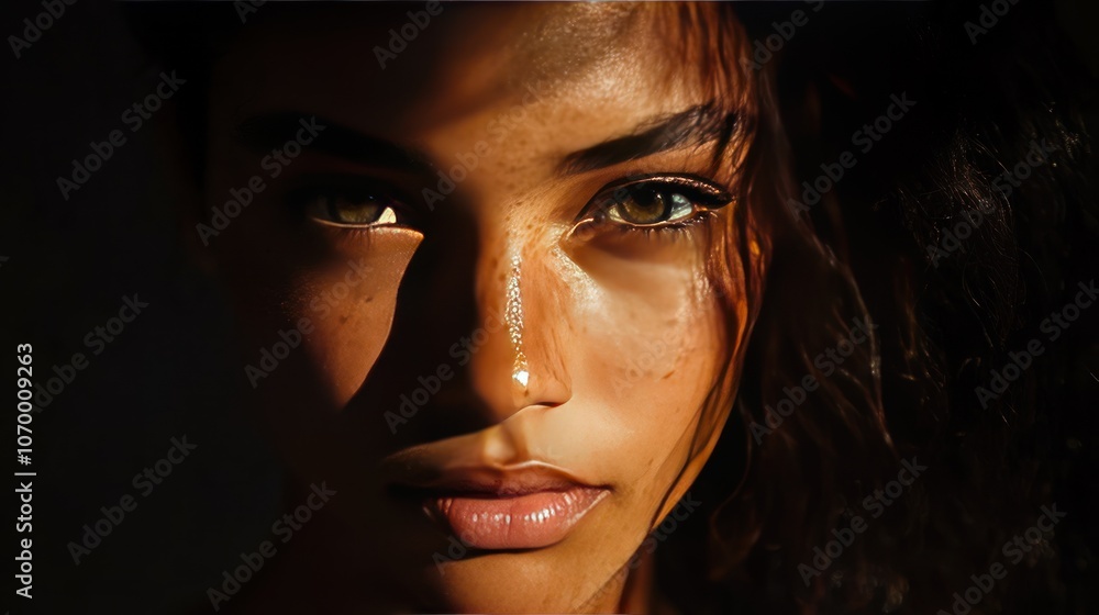Poster a portrait using split lighting technique. the light shines on only one half of the face, while the 