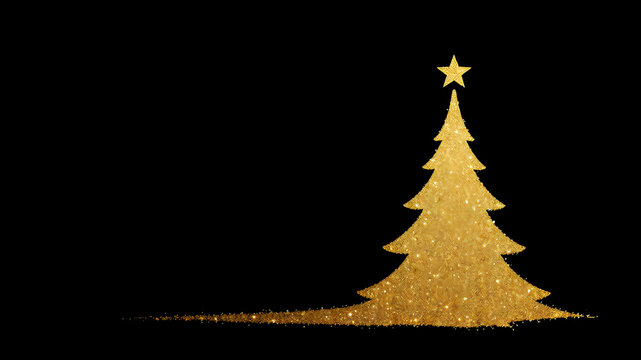 Minimalist Christmas tree silhouette made of golden glitter on black background. Generative AI
