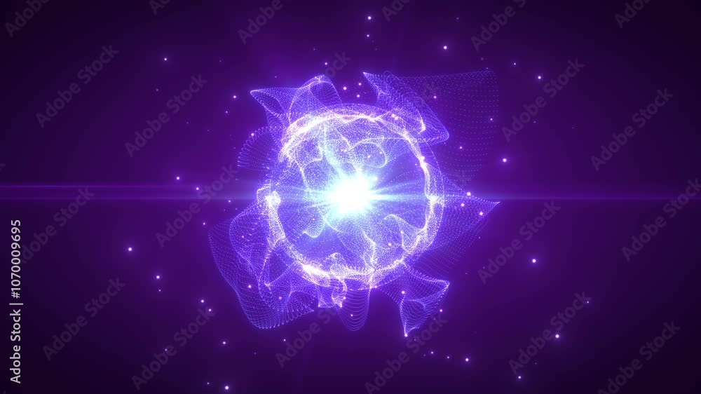 Poster abstract glowing sphere, energy ball shines brightly with rays of light, magic waves from particles 