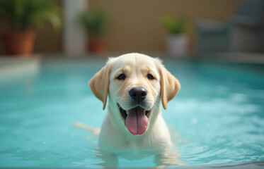 A playful golden Labrador Retriever puppy enjoying a swim in a swimming pool .