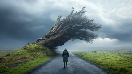 A lonely person gazes at a strikingly bent tree along an empty road, surrounded by lush green grass. Dark storm clouds loom overhead, creating a dramatic atmosphere