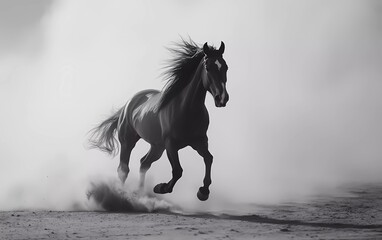 Obraz premium Portrait of a horse with a long mane running fast in the desert dust 