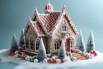 Fototapeta premium Whimsical Christmas gingerbread house adorned with red and white icing, set in a cozy winter scene, perfect for holiday cards, party invites, and festive promotions.