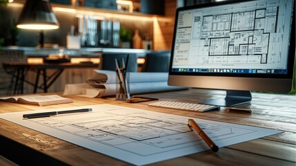 A luxury modern kitchen design project on a wooden table. The table have detailed blueprints of the kitchen project, include a computer displaying the 3D rendering of the kitchen project.