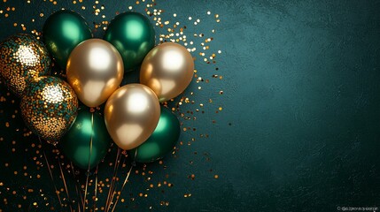A festive cluster of gold and green balloons with scattered golden confetti on a rich dark green backdrop, perfect for New Year's and Christmas celebrations.