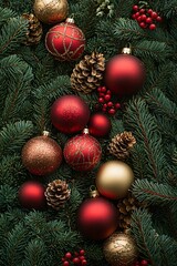 Elegant Christmas decorations with gold and red ornaments and pine branches, perfect for holiday banners, cards, and social media posts during the festive season.