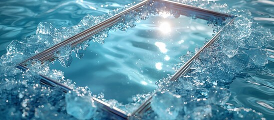 A sleek silver-framed mirror partially submerged in clear ice cubes, perfect for winter-themed designs, reflective holiday promotions, or spa and wellness advertising.