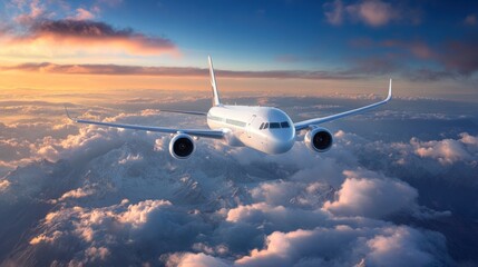 Fototapeta premium A commercial airplane soars through a vibrant sky filled with colorful clouds during sunset, capturing the beauty of travel at high altitudes in a tranquil atmosphere