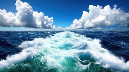 Bright waves crash and churn, leaving a frothy wake on the deep blue ocean as fluffy white clouds drift in the expansive sky above, highlighting the beauty of nature