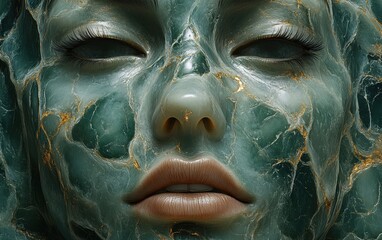Naklejka premium A surreal close-up of a face with marble-like textures, featuring vivid green and gold accents, This image is ideal for artistic projects, beauty concepts, or themes of transformation,