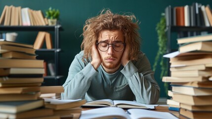 A student sits at a desk covered in open books, looking stressed and overwhelmed while holding his head in his hands amid a chaotic study environment filled with stacked books