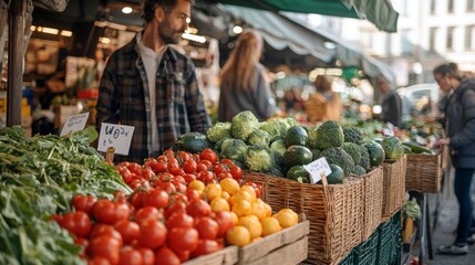 Vibrant farmers market promoting sustainable vegan choices