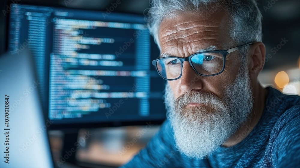 Poster a senior programmer with a gray beard and glasses intensely analyzes computer code on a laptop scree