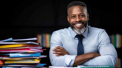 Fototapeta premium A professional man smiles broadly while sitting at his office desk. He has a gray beard and hair, and colorful folders are stacked around him, creating a lively work environment