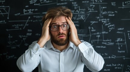 A young man with glasses expresses confusion and frustration, holding his head in disbelief while standing before a chalkboard covered in complex mathematical equations and diagrams