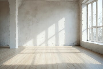 Empty Room with Whitewashed Brick Walls and Wooden Floor: A Rustic Minimalist Interior Design Concept