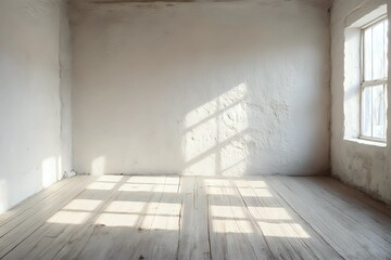 Obraz premium Empty Room with Whitewashed Brick Walls and Wooden Floor: A Rustic Minimalist Interior Design Concept