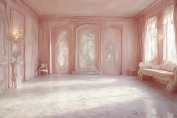 Fototapeta premium Empty Room with Pastel Pink Walls and Marble Floor: A Glamorous Interior Design Concept