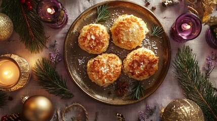 Golden latkes with herb garnish and salt sprinkle on a soft lavender background, with holiday-themed elements