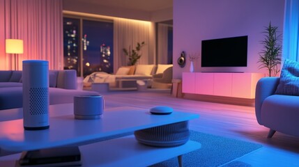 A modern living room with blue and pink lighting, showcasing smart home devices, a couch, a TV, and a city view through the window.
