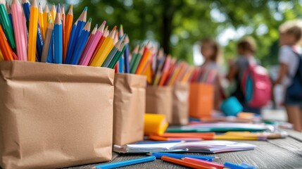 Brightly colored pencils and art materials are neatly organized in containers on a table under sunny skies, as children engage in creative activities in a park