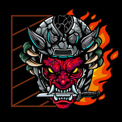 Samurai oni mask for fantasy jacket and t-shirt design isolated on black background